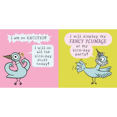 Cartoon birds with speech bubbles on a pink and yellow background