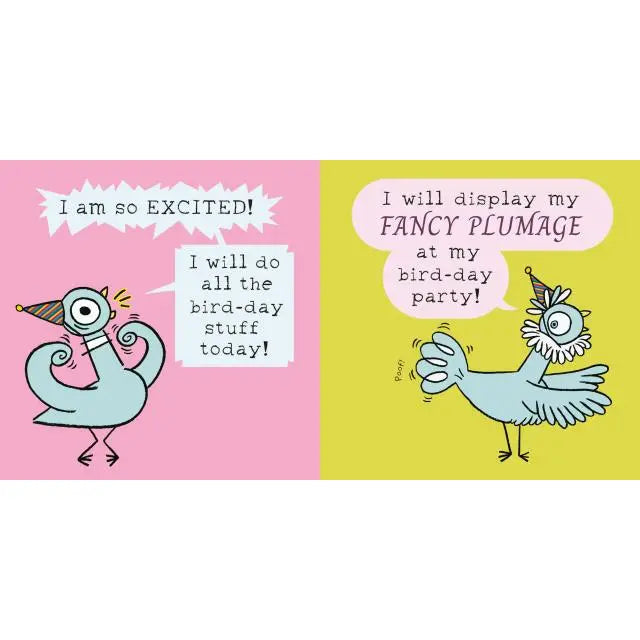 Cartoon birds with speech bubbles on a pink and yellow background