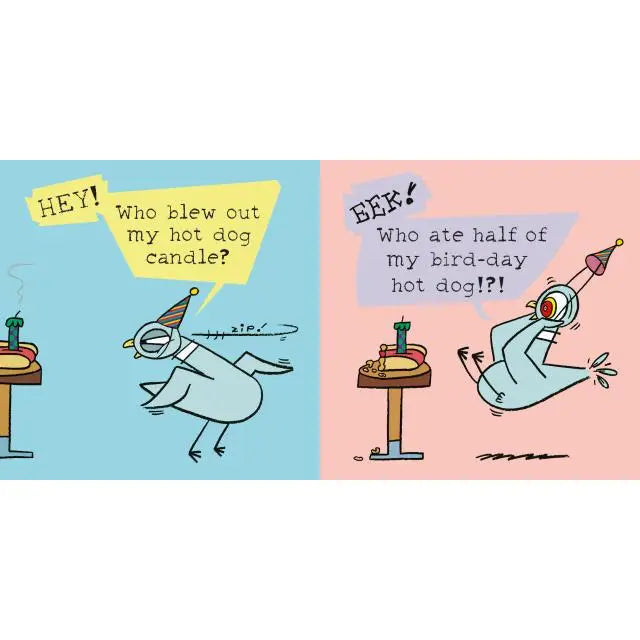 Cartoon illustration of two characters reacting to a hot dog candle being blown out and eaten, with colorful speech bubbles and backgrounds.