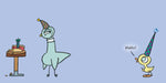 Two cartoon characters with party hats on a blue background
