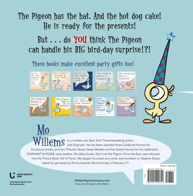 Back cover of a children's book featuring the character 'The Pigeon' with text and images of other books in the series.