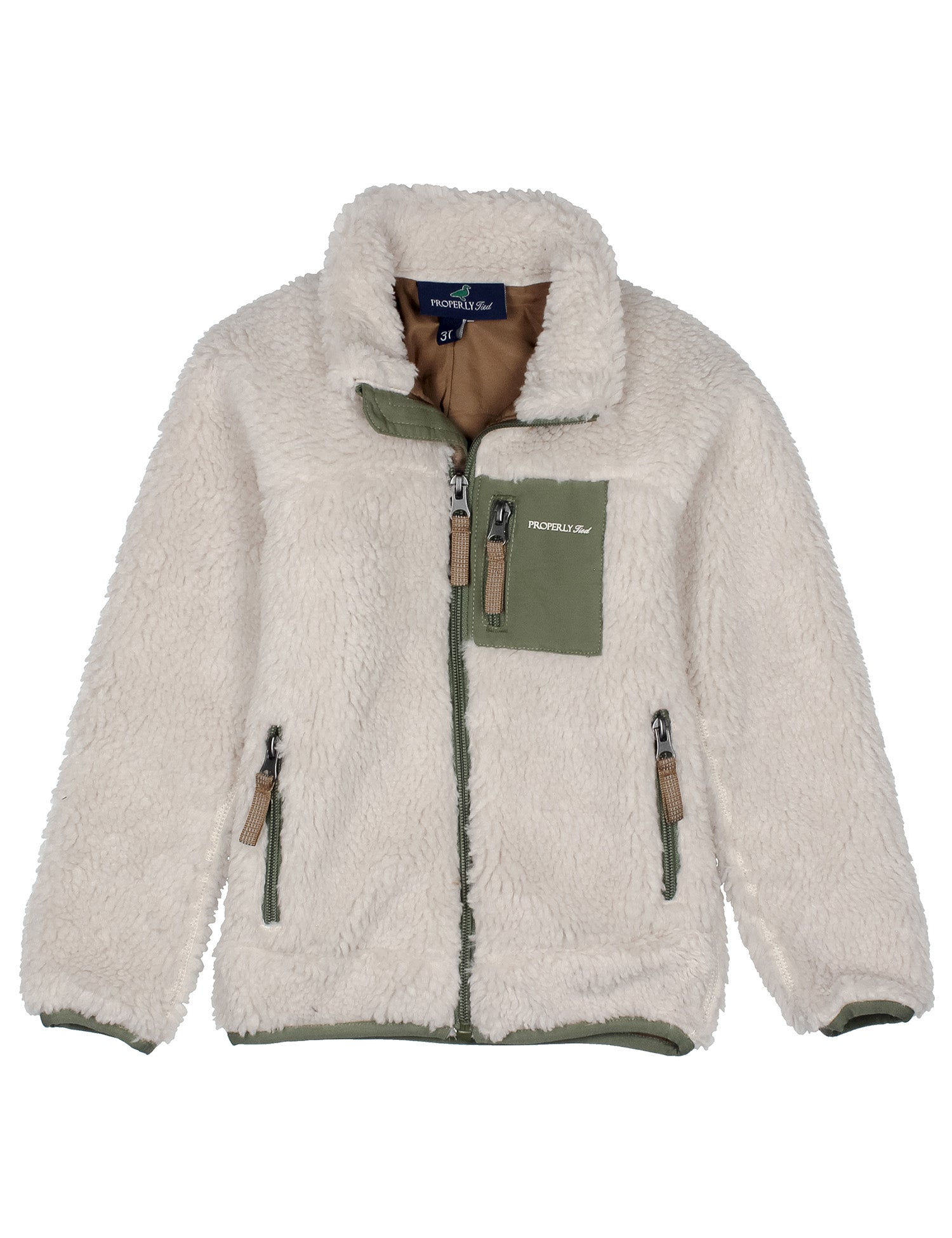 A cream sherpa fleece zip-up jacket with olive green trim, featuring a chest pocket with 'NOTWILL' branding, dual zippered pockets, and a brown lining visible at the collar.