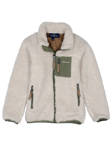 A cream sherpa fleece zip-up jacket with olive green trim, featuring a chest pocket with 'NOTWILL' branding, dual zippered pockets, and a brown lining visible at the collar.