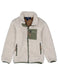 A cream sherpa fleece zip-up jacket with olive green trim, featuring a chest pocket with 'NOTWILL' branding, dual zippered pockets, and a brown lining visible at the collar.