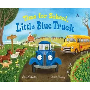 Book cover of 'Time for School, Little Blue Truck' with a blue truck and yellow school bus on a farm background.