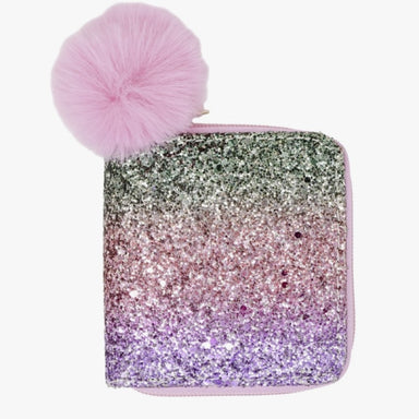 rainbow glitter wallet with pink pom pom on zipper