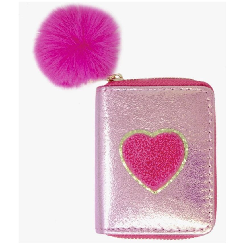 pink shiny wallet with pink varsity heart patch and bright pink pom pom on zipper