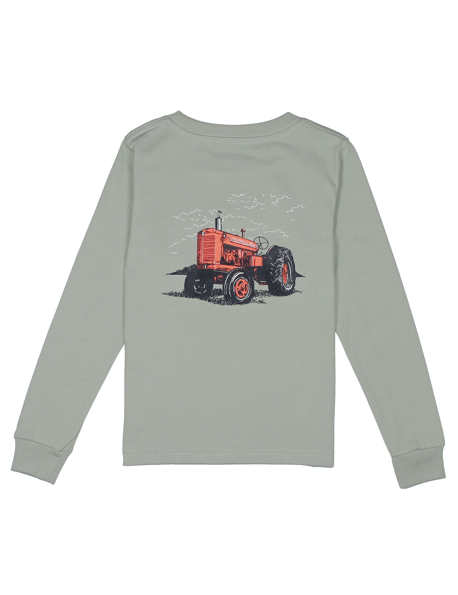 Long sleeve sage green tee with a red tractor design on the back