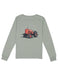 Long sleeve sage green tee with a red tractor design on the back