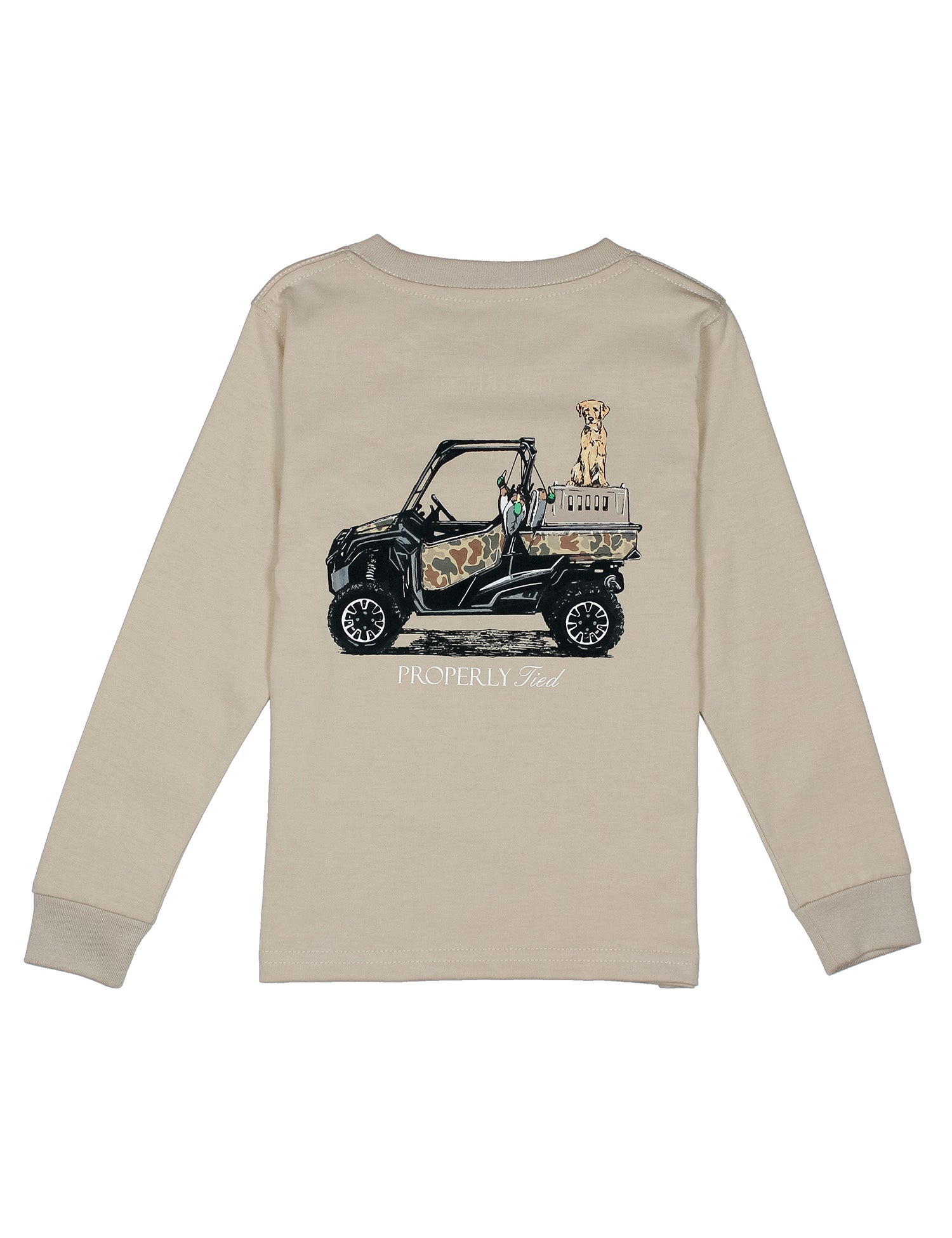 Longsleeve tee with hunting jeep and a dog on the back