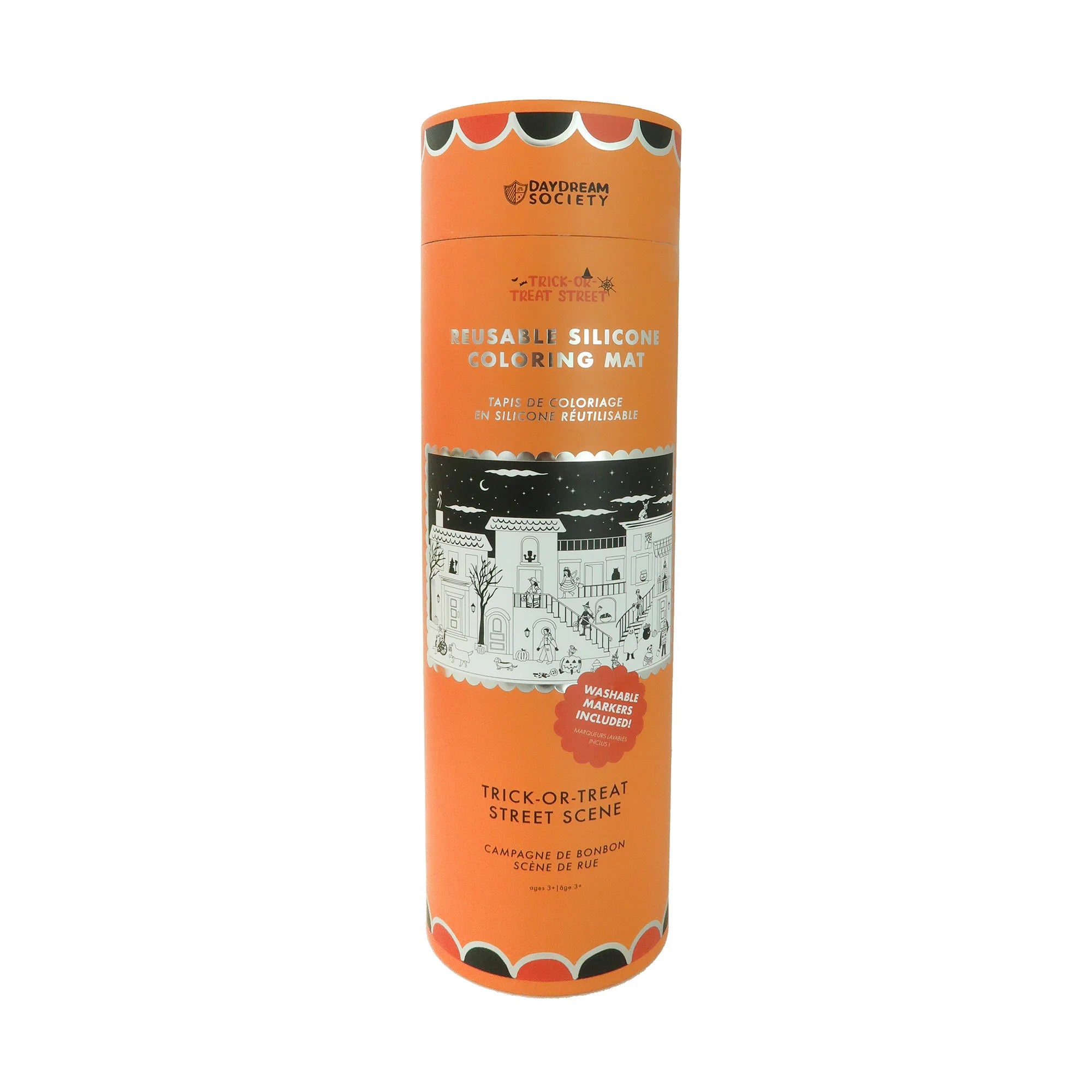 An orange cylindrical cardboard package for a Daydream Society Prusali Silicone Color Mat, featuring a black and white castle illustration and a red circular badge indicating a 'Personalized Mat Included'.