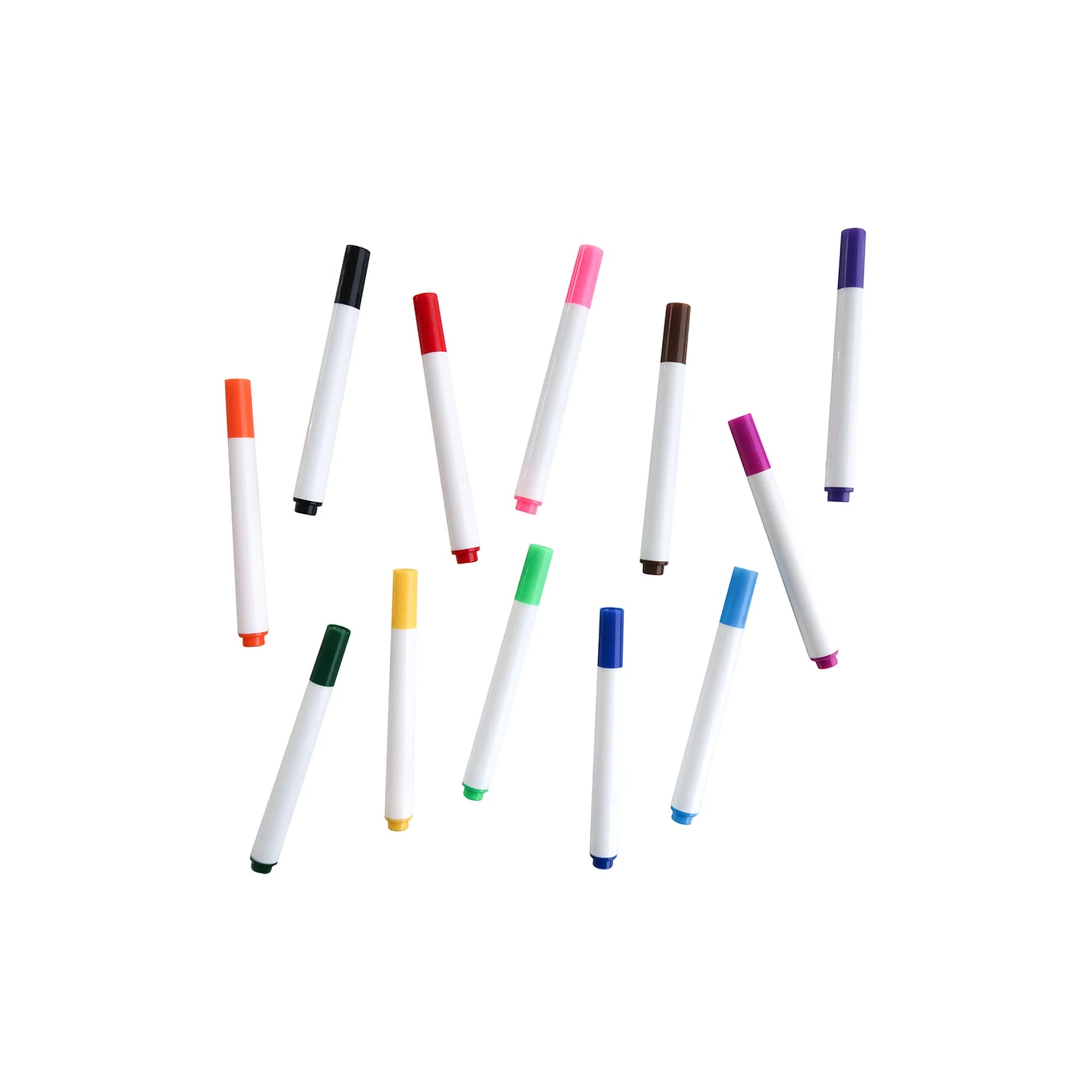 Ten white dry-erase markers with different colored caps, arranged in a scattered pattern on a solid white background.