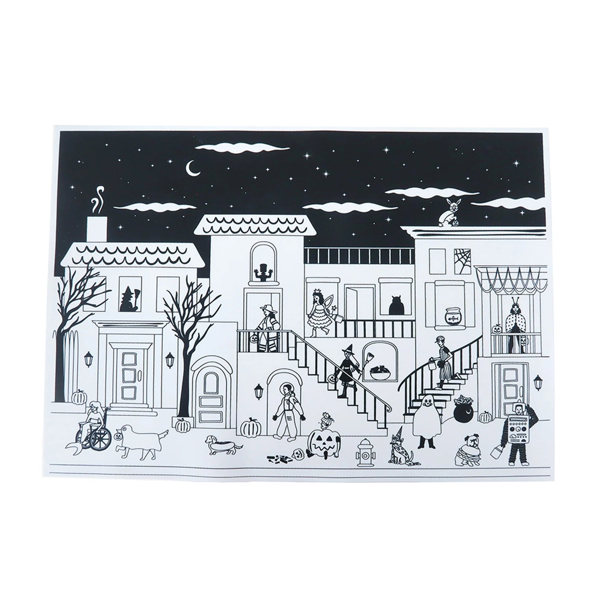 A black and white line art illustration of a spooky Halloween neighborhood scene, featuring houses, people, pumpkins, a cat, a dog, and a robot on a white background.