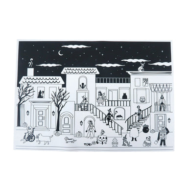 A black and white line art illustration of a spooky Halloween neighborhood scene, featuring houses, people, pumpkins, a cat, a dog, and a robot on a white background.