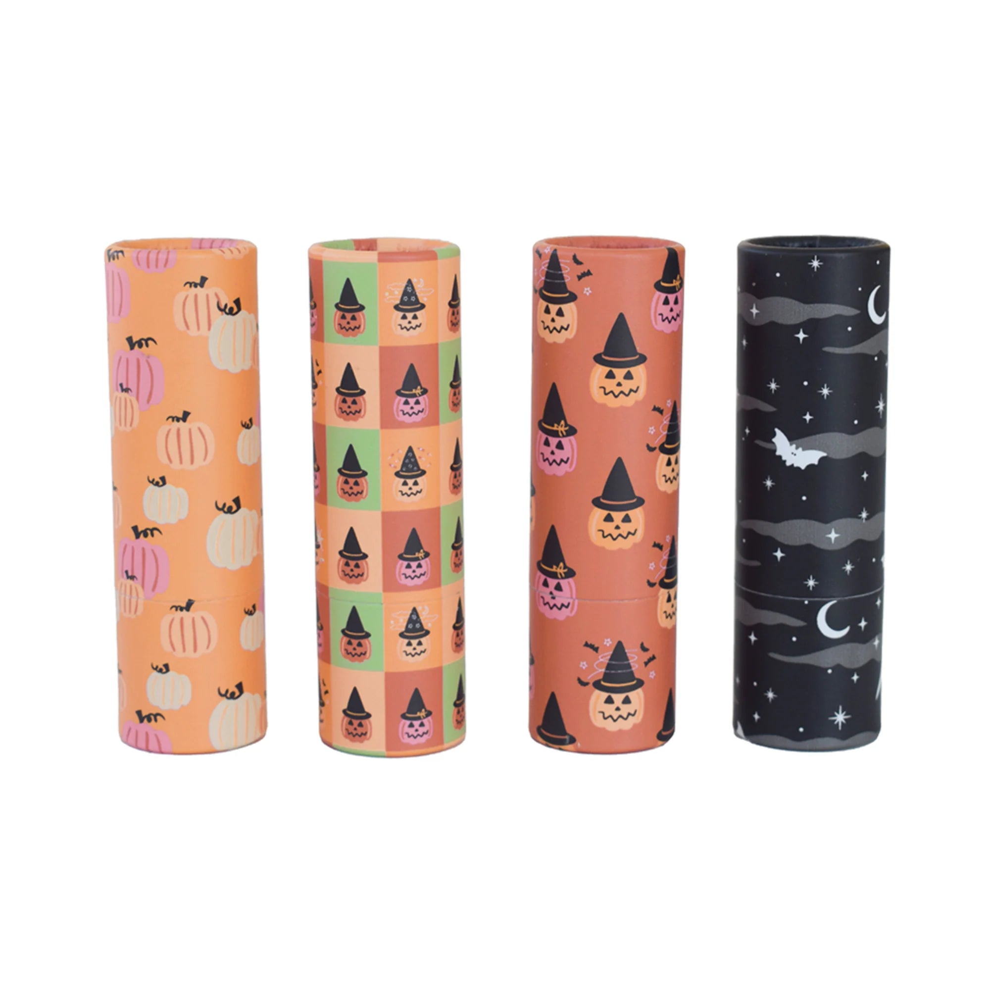 Four cylindrical Halloween-themed items with printed designs, including pumpkins, witch hats, bats, and crescent moons, shown on a plain white background.