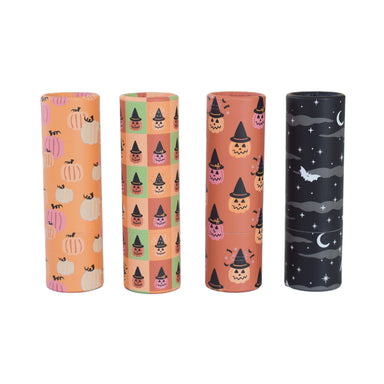 Four cylindrical Halloween-themed items with printed designs, including pumpkins, witch hats, bats, and crescent moons, shown on a plain white background.