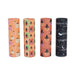 Four cylindrical Halloween-themed items with printed designs, including pumpkins, witch hats, bats, and crescent moons, shown on a plain white background.