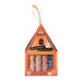 A Halloween-themed lip balm set in a house-shaped cardboard box with an orange hanging loop. The set contains four lip balm tubes with autumn patterns: orange pumpkins, pink ghosts, orange moons, and a dark gray/black moon pattern.