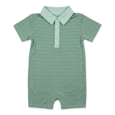 A baby short-sleeve romper in sage green with thin white horizontal stripes, featuring a matching green collar and three-button placket.