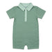 A baby short-sleeve romper in sage green with thin white horizontal stripes, featuring a matching green collar and three-button placket.
