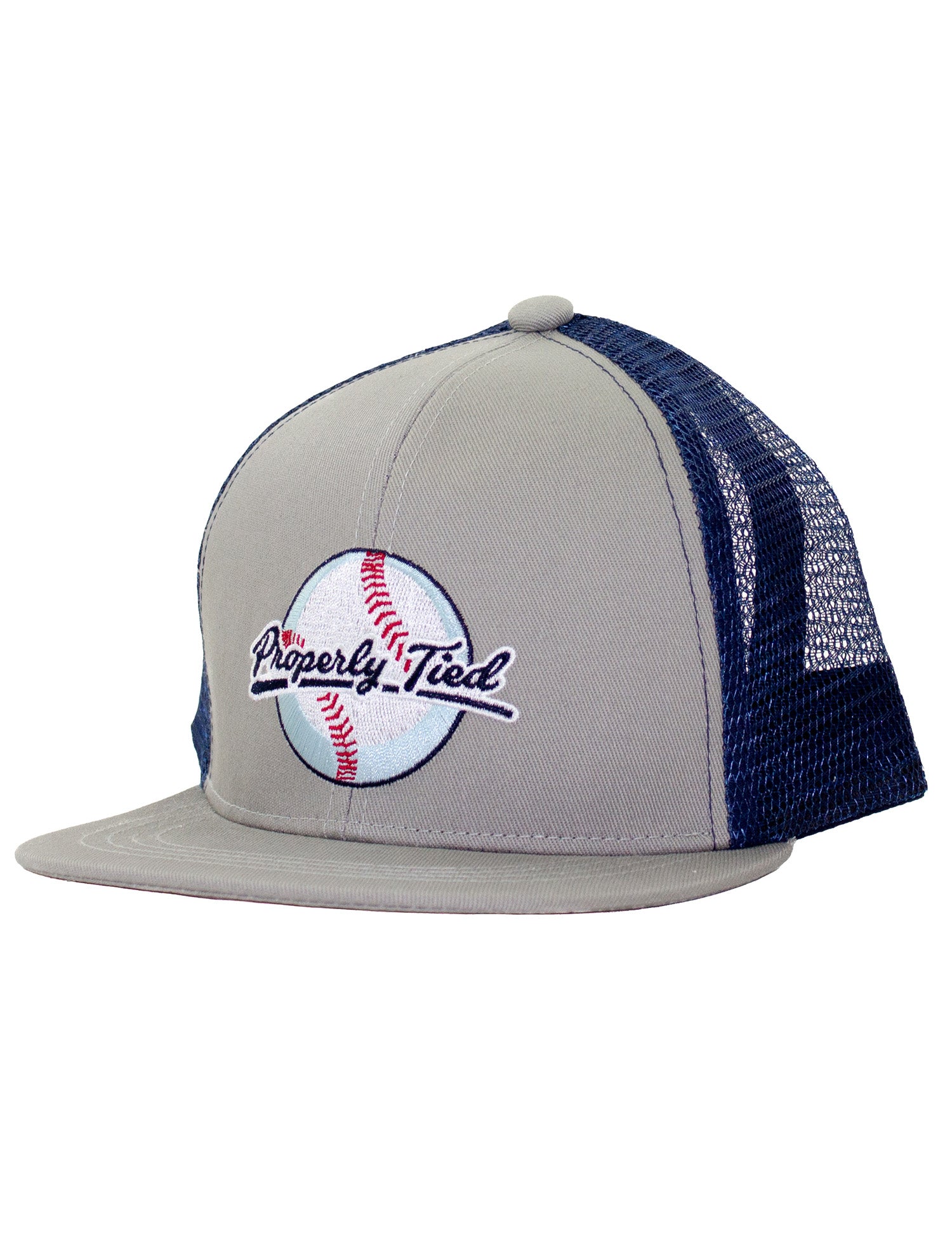 Gray and blue baseball cap with embroidered logo on a white background