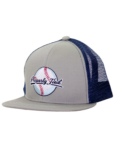 Gray and blue baseball cap with embroidered logo on a white background