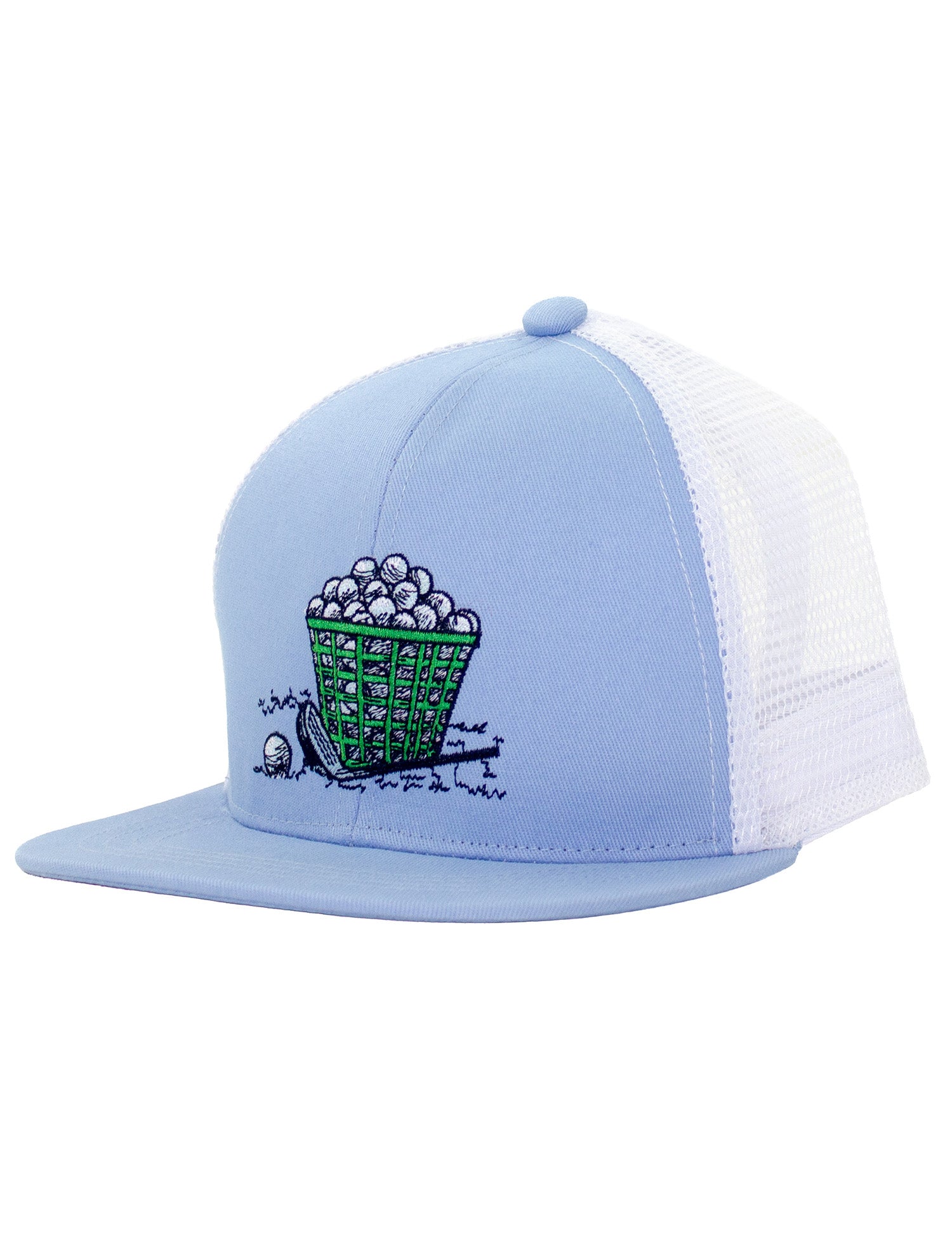 Light blue and white cap with a golf-themed design on a white background