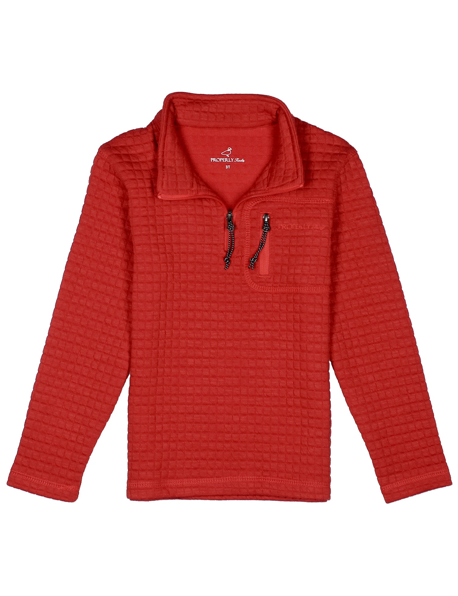Red textured quarter zip pullover for boys with long sleeves and a stand collar by Properly Tied shown on a white background