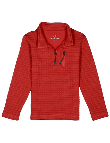 Red textured quarter zip pullover for boys with long sleeves and a stand collar by Properly Tied shown on a white background