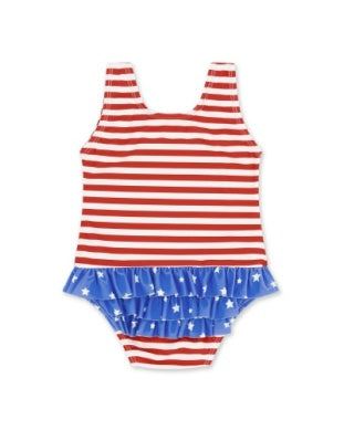 Red and white striped swimsuit with blue ruffled bottom featuring stars on a white background