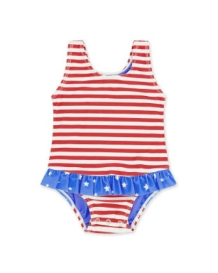 Red, white, and blue striped swimsuit with ruffled bottom on a white background
