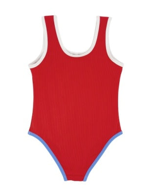 Red swimsuit with white trim on a white background