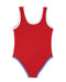 Red swimsuit with white trim on a white background