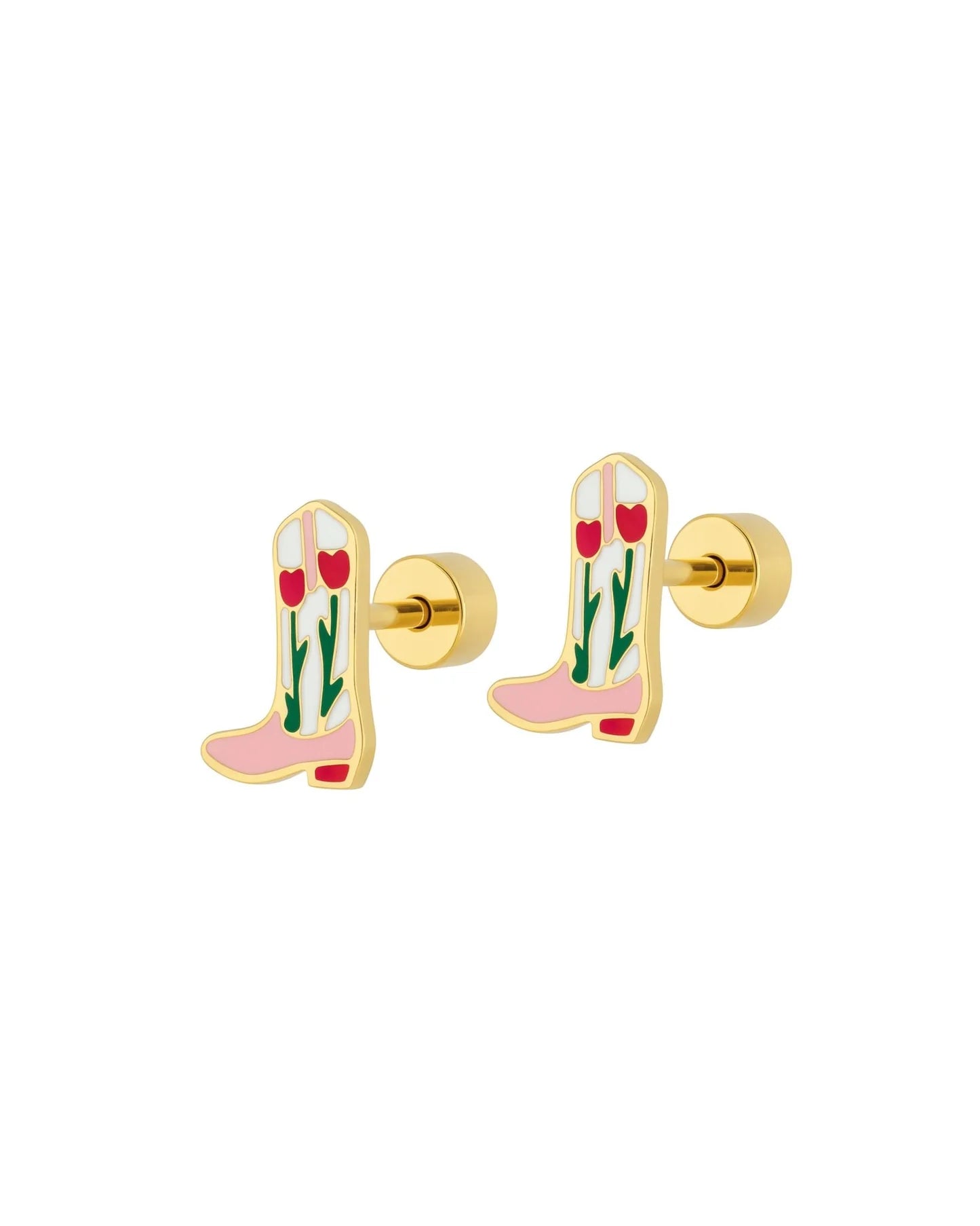 Pink cowboy boot earrings with pink tulips on a white background