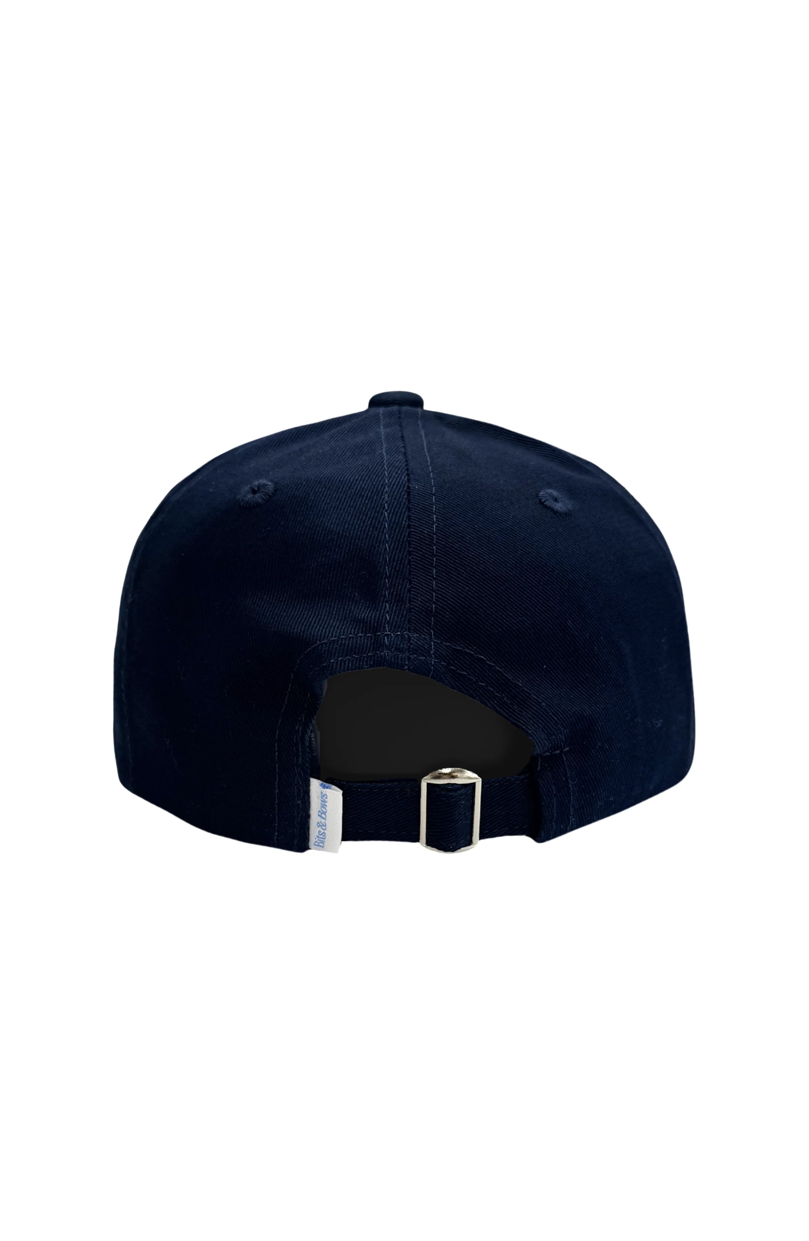 Navy blue cap with a metal clasp on a white background
