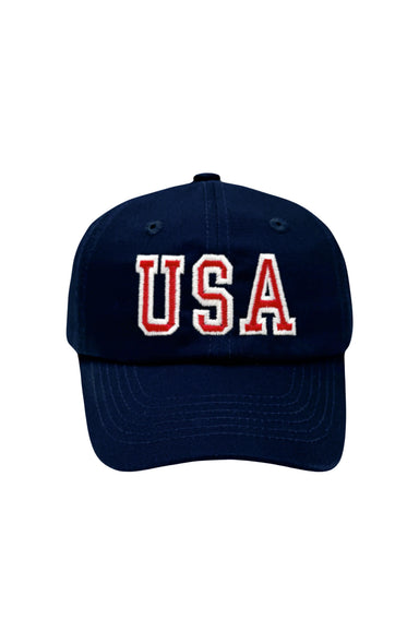 Navy blue cap with 'USA' embroidered in red and white on a white background