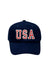 Navy blue cap with 'USA' embroidered in red and white on a white background