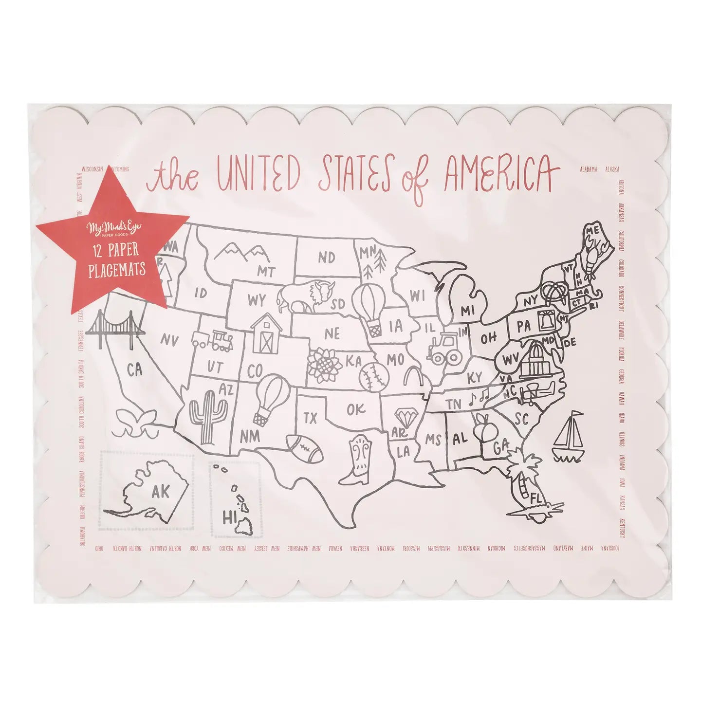 Map of the United States with state illustrations on a pink background