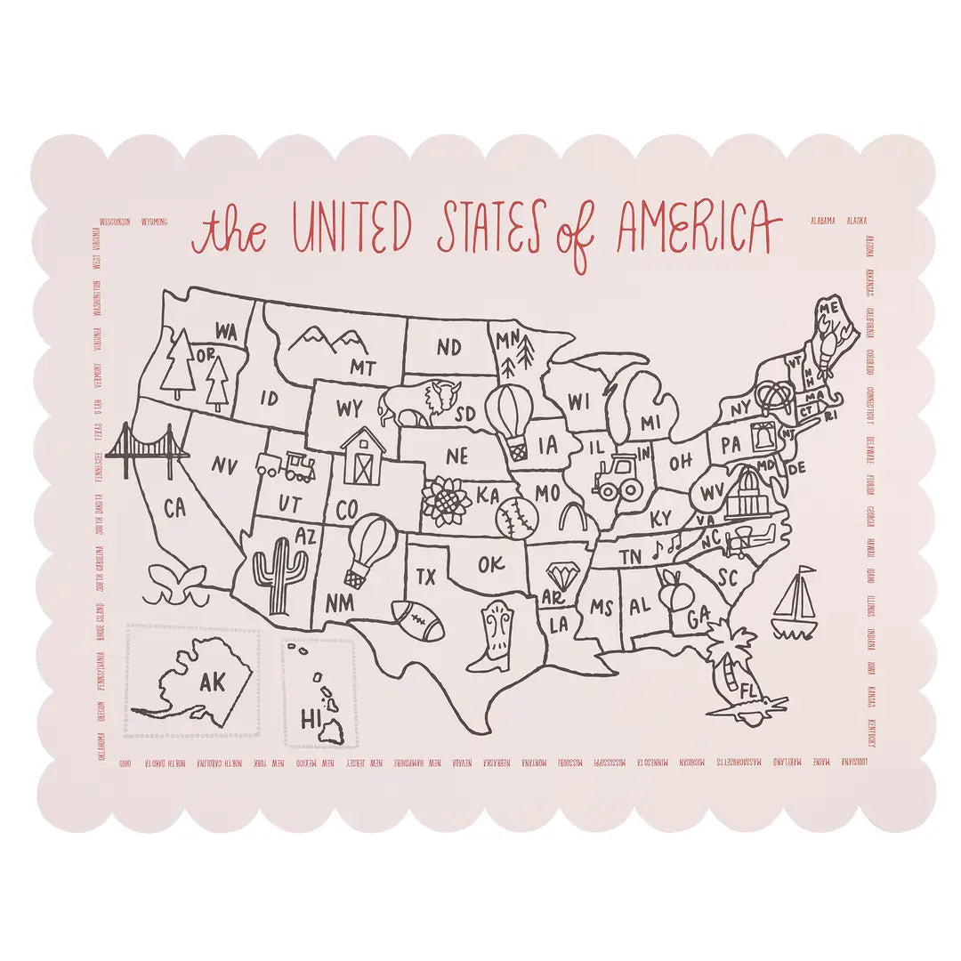 Map of the United States on a pink placemat with decorative border