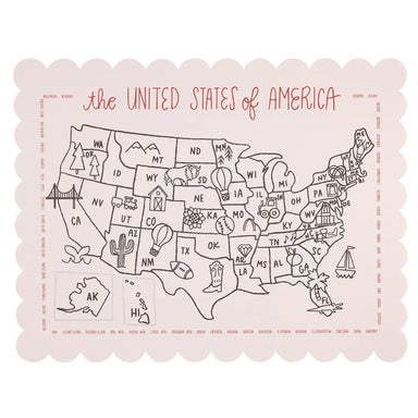 Map of the United States on a pink placemat with decorative border