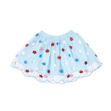 Light blue skirt with colorful star patterns on a white background