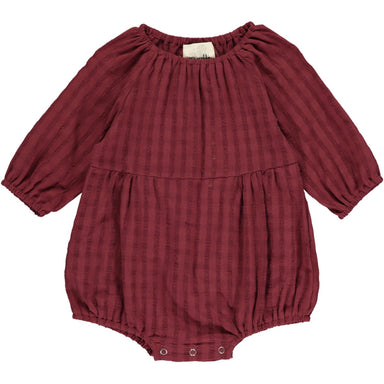 burgundy long sleeve bubble with gathered waist and at the neck