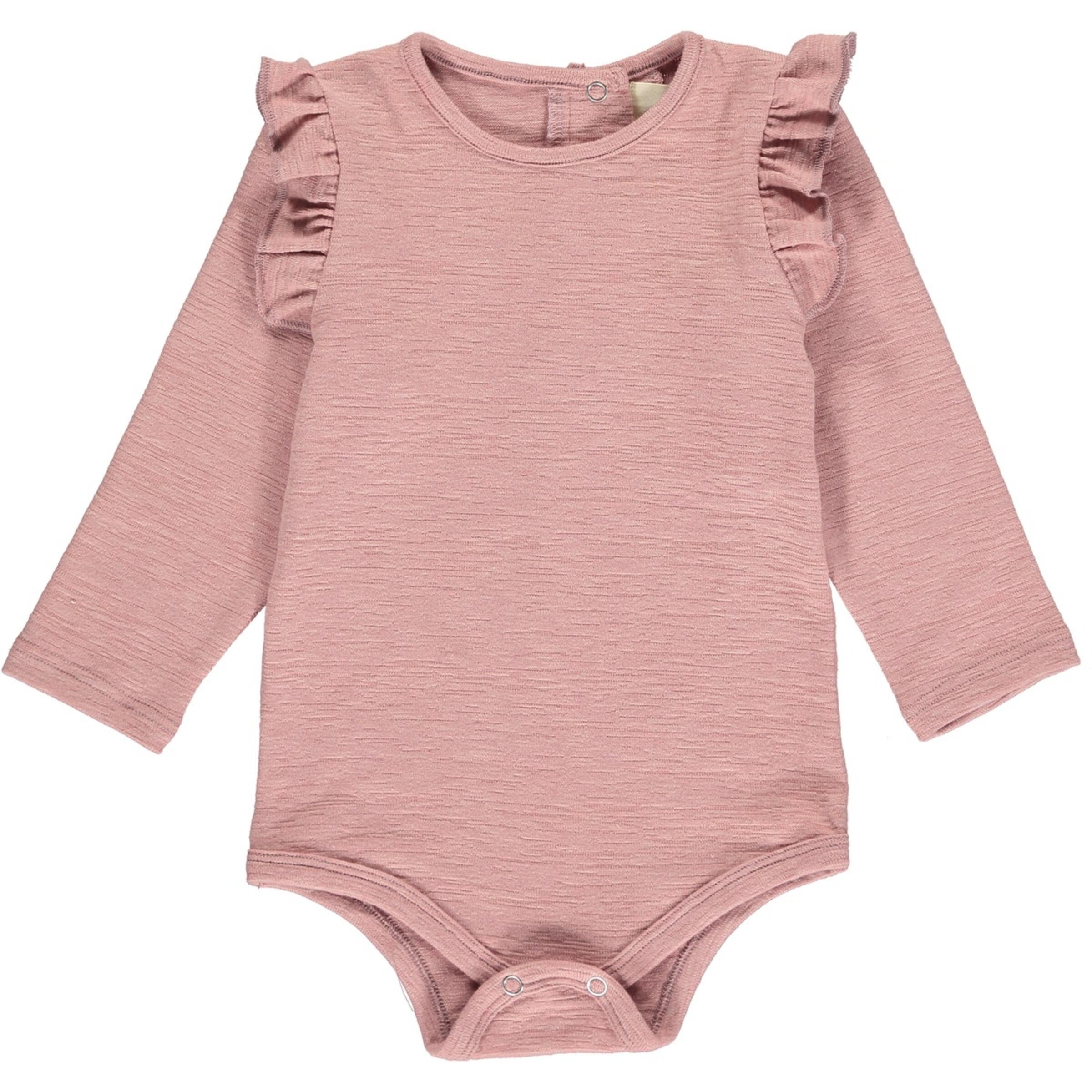 long sleeve rose colored onesie with ruffled sleeve