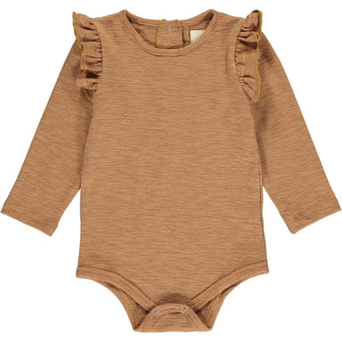 rust colored long sleeve onesie with ruffle detail