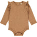 rust colored long sleeve onesie with ruffle detail