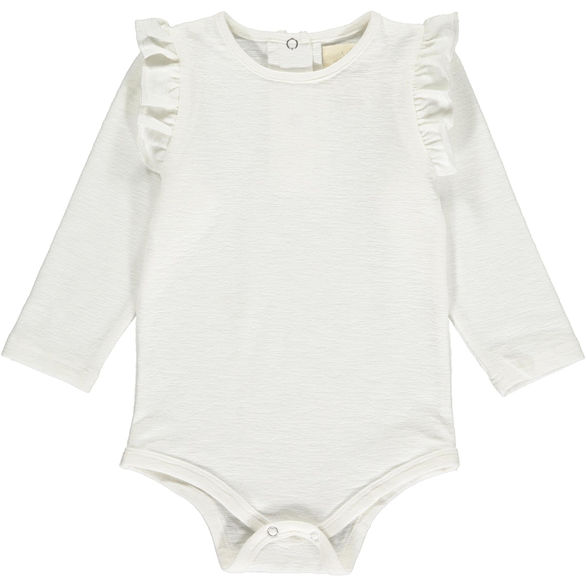 long sleeve ivory colored onesie with ruffled sleeve