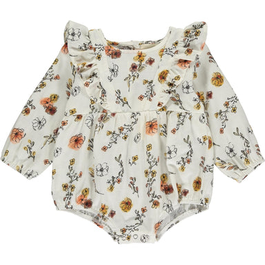 ivory colored long sleeve bubble romper with ruffle detail and peach, yellow and purple floral print 