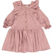 rose colored dress with ruffled 3/4 sleeve and gathered bodice