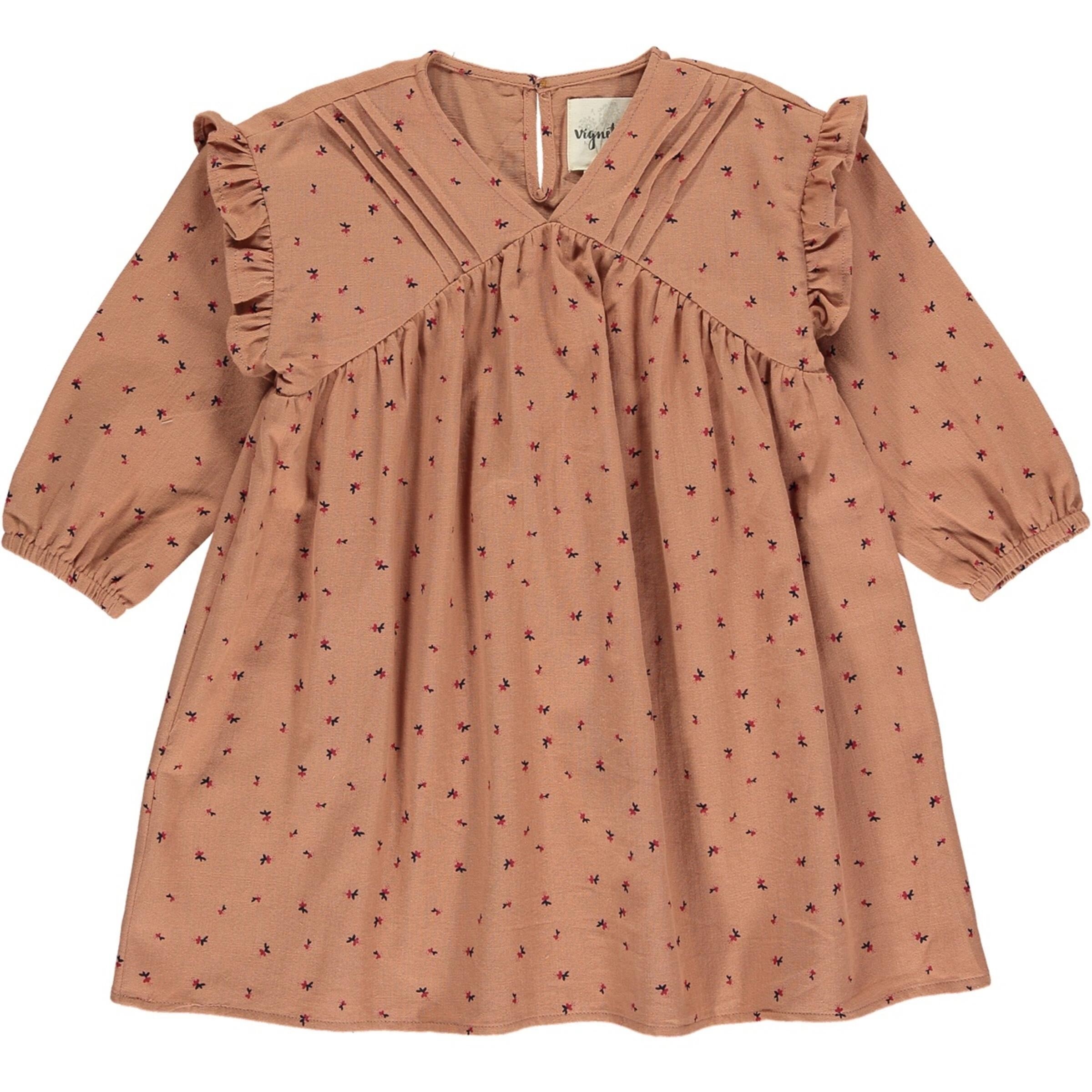 Pumpkin colored dress with berry floral print and ruffled sleeve.