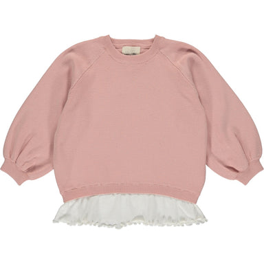 pink sweater with white ruffle on bottom and 3/4 sleeve